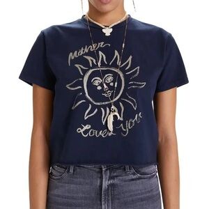 MOTHER Navy Graphic Sun Cropped Tee with Metallic Print